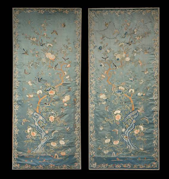 Appraisal: A pair of Chinese needlework panels Each centered by song