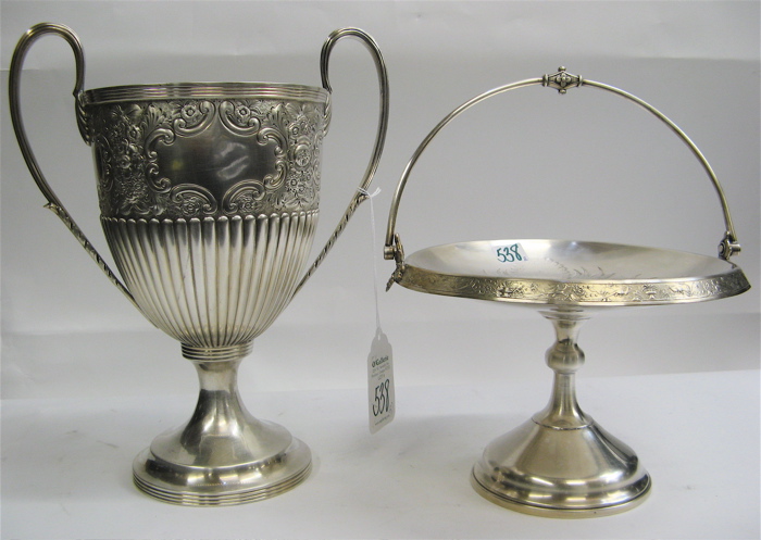 Appraisal: SILVER PLATED TROPHY CUP AND BRIDES BASKET the double handled