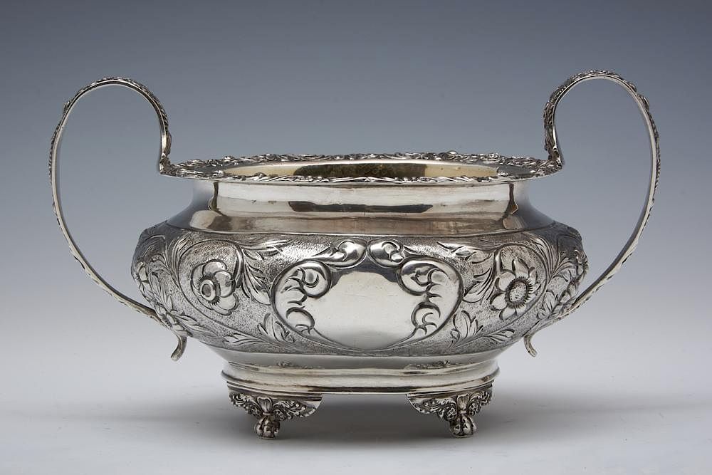 Appraisal: English sterling silver repousse floral sugar bowl English sterling silver