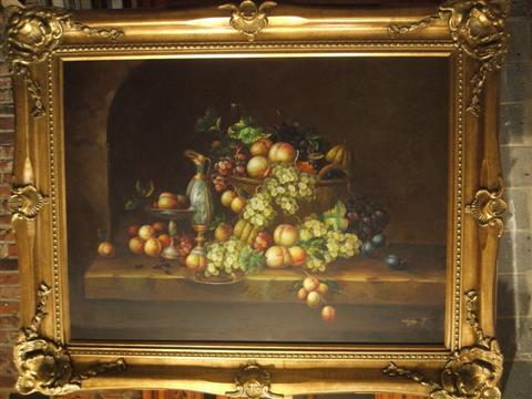 Appraisal: STILL LIFE WITH GRAPES AND BLUE PITCHER Oil on canvas