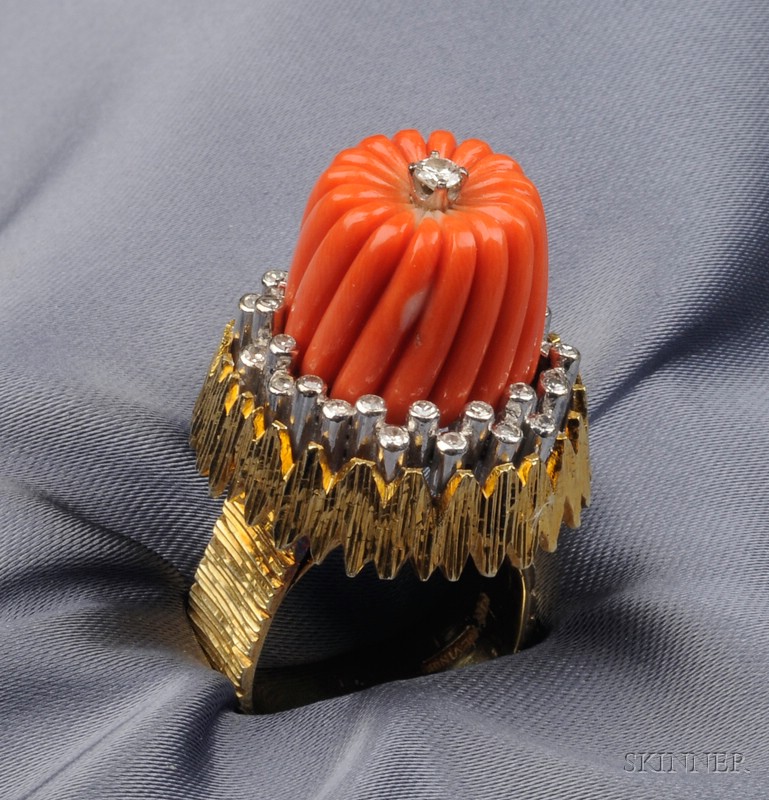 Appraisal: kt Gold Coral and Diamond Ring centering a cabochon carved