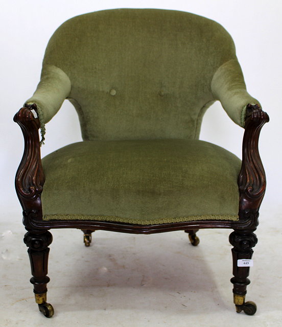 Appraisal: A TH CENTURY MAHOGANY FRAMED LOW OPEN ARMCHAIR upholstered in