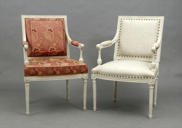 Appraisal: Pair of Louis XVI-Style Carved and Painted Fauteuils x x