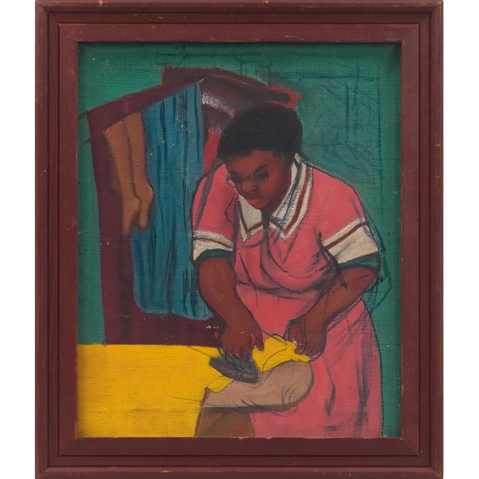 Appraisal: Dona Pearlman American th century ''Woman Ironing '' oilon burlap