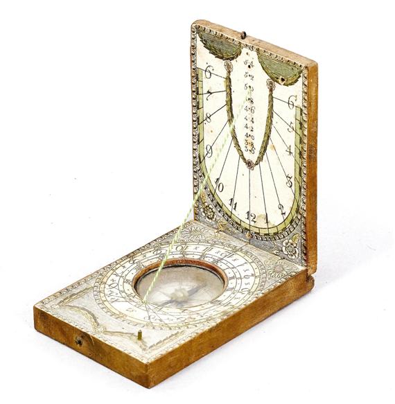 Appraisal: DIPTYCH SUNDIAL WITH COMPASS probably German th century Wood glass