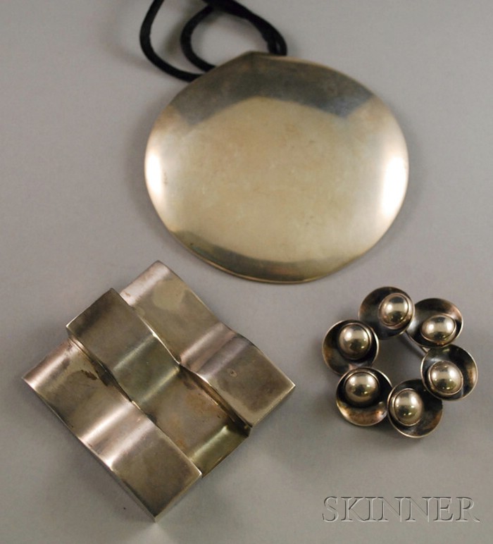 Appraisal: Three Sterling Silver Modernist-style Jewelry Items a large Metropolitan Museum