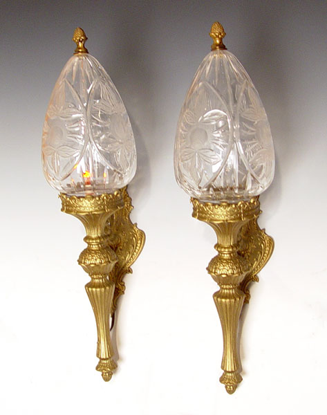 Appraisal: PAIR WALL MOUNT LAMPS WITH CUT GLASS SHADES Gilt metal