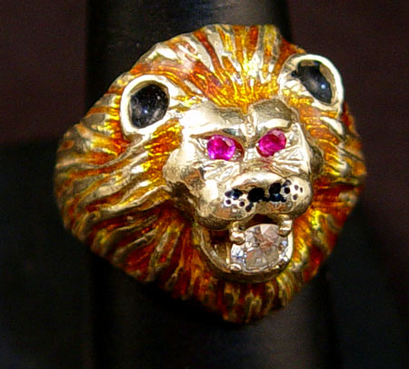 Appraisal: K RUBY DIAMOND AND ENAMEL LION HEAD FIGURAL RING With