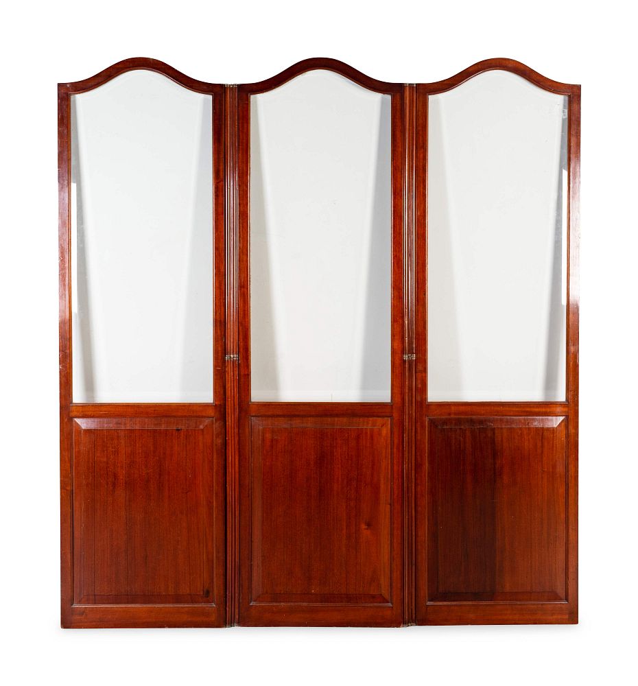 Appraisal: A French Mahogany and Glass Three-Panel Folding Screen Height x