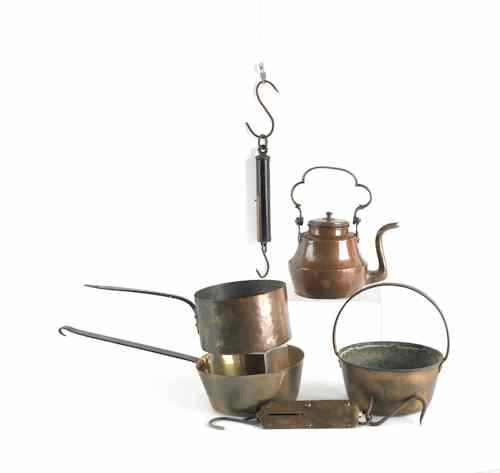 Appraisal: Copper tea kettle th c h together with three brass