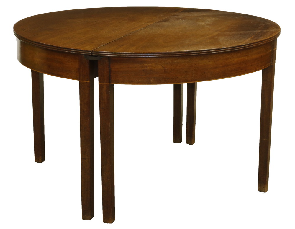 Appraisal: TWO-PART ROUND HEPPLEWHITE DINING TABLE th c Mahogany Demilune Tables