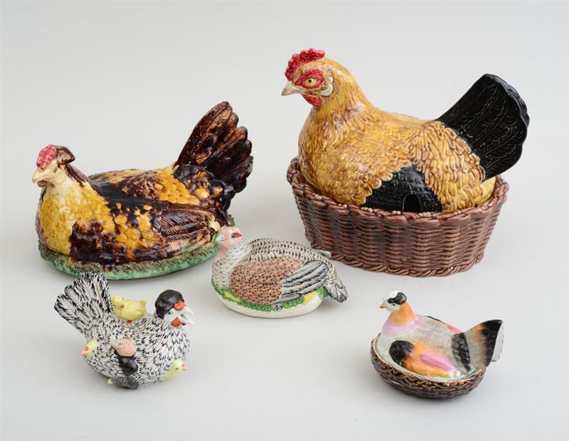 Appraisal: GLAZED POTTERY CHICKEN TUREEN Together with an English speckle-glazed pottery