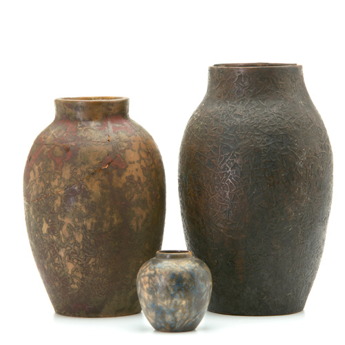 Appraisal: MARKHAM Three vases in Arabesque and Reseau glazes One cracked