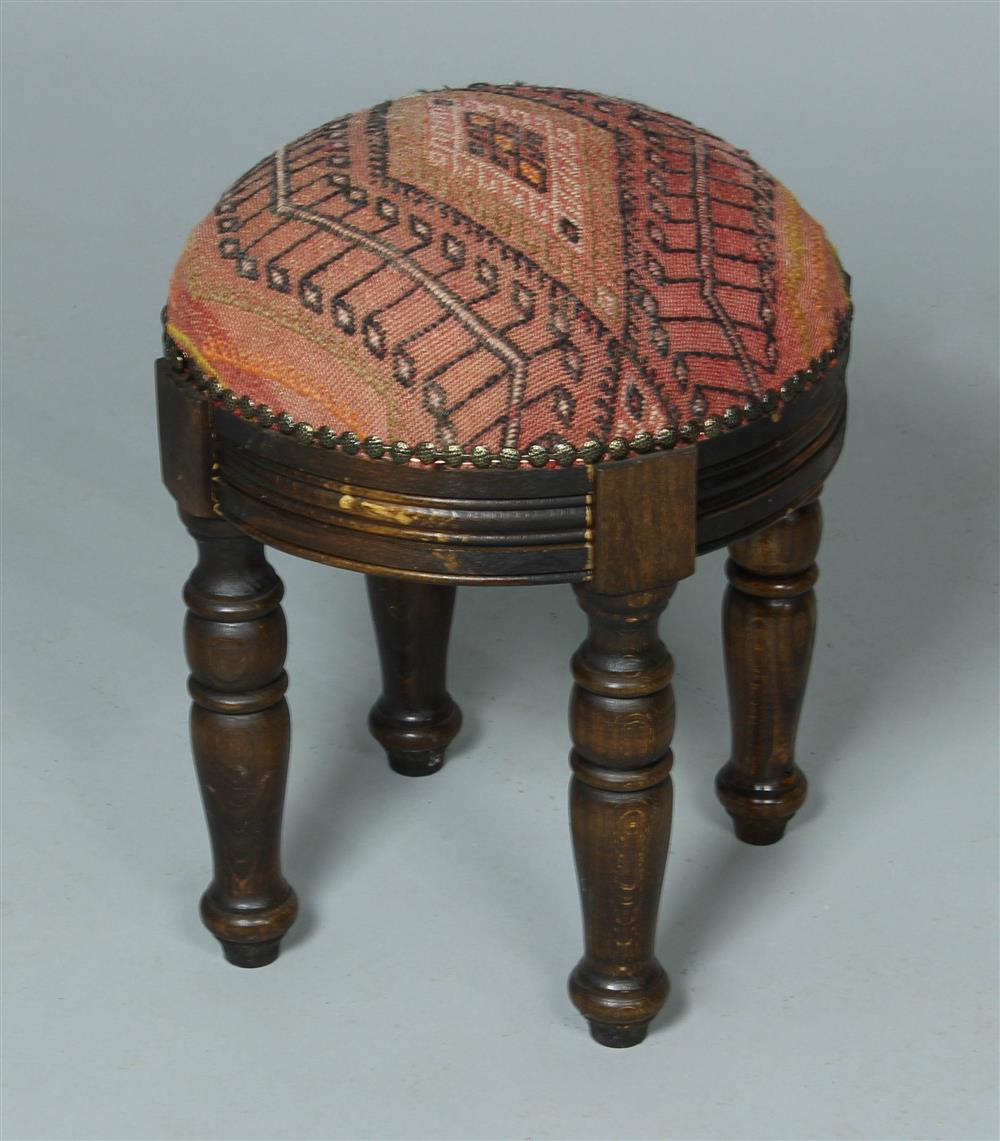 Appraisal: VICTORIAN STYLE ROUND UPHOLSTERED FOOTSTOOL the molded round frame with