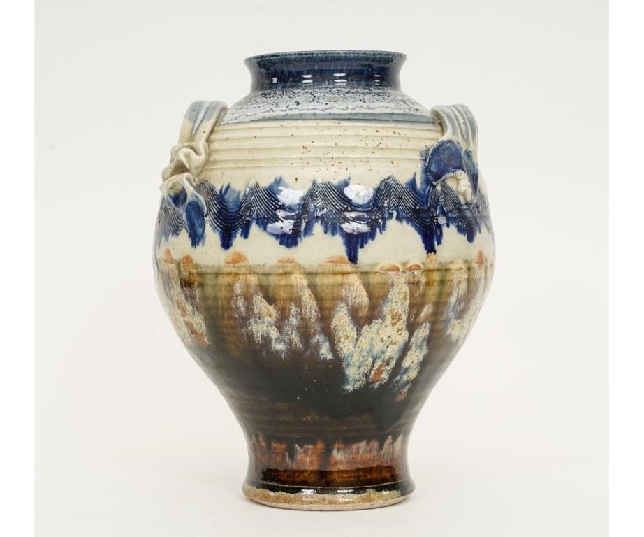 Appraisal: Colorful porcelain glazed vase with applied strap handles th c