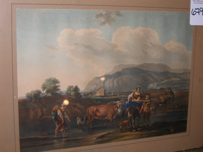 Appraisal: NICOLAS BERCHEM DUTCH - FORDING THE BROOK hand-colored engraving trimmed