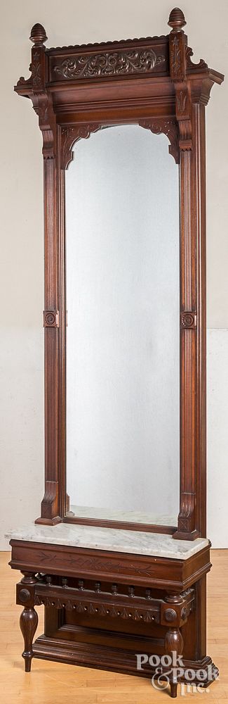 Appraisal: Victorian walnut and marble pier mirror Victorian walnut and marble