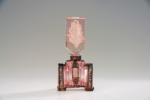 Appraisal: CZECHOSLOVAKIAN Perfume bottle in pink crystal with jeweled metalwork s