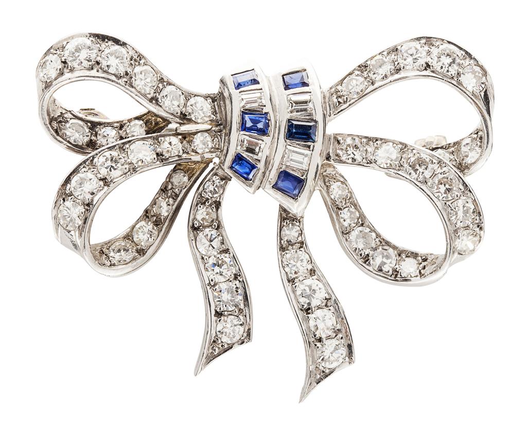 Appraisal: A diamond and sapphire set brooch modelled as a bow