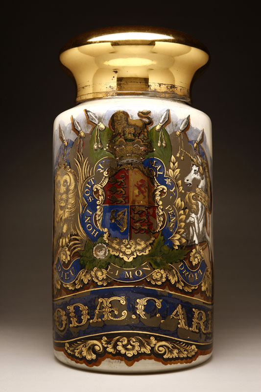 Appraisal: A Victorian reverse painted apothecary jar 'Sodaecarb' A Victorian reverse