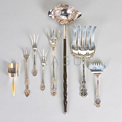 Appraisal: EIGHT SILVER SERVING UTENSILS th- th C Baleen handled toddy