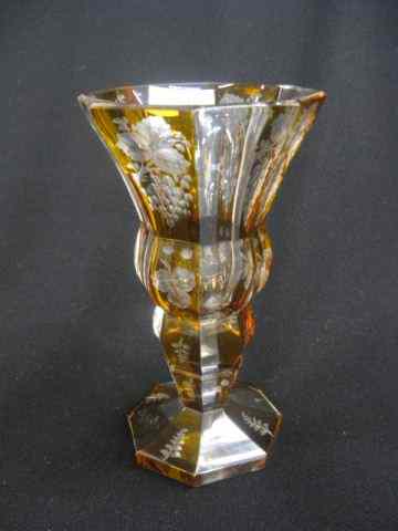 Appraisal: Bohemian Amber Cut-to-Clear Vase floral berry panel design '' excellent