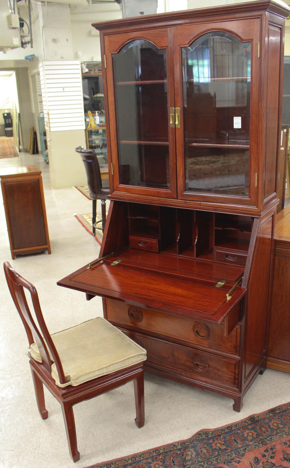 Appraisal: ROSEWOOD SLANT-FRONT SECRETARY BOOKCASE WITH CHAIR Chinese late th century