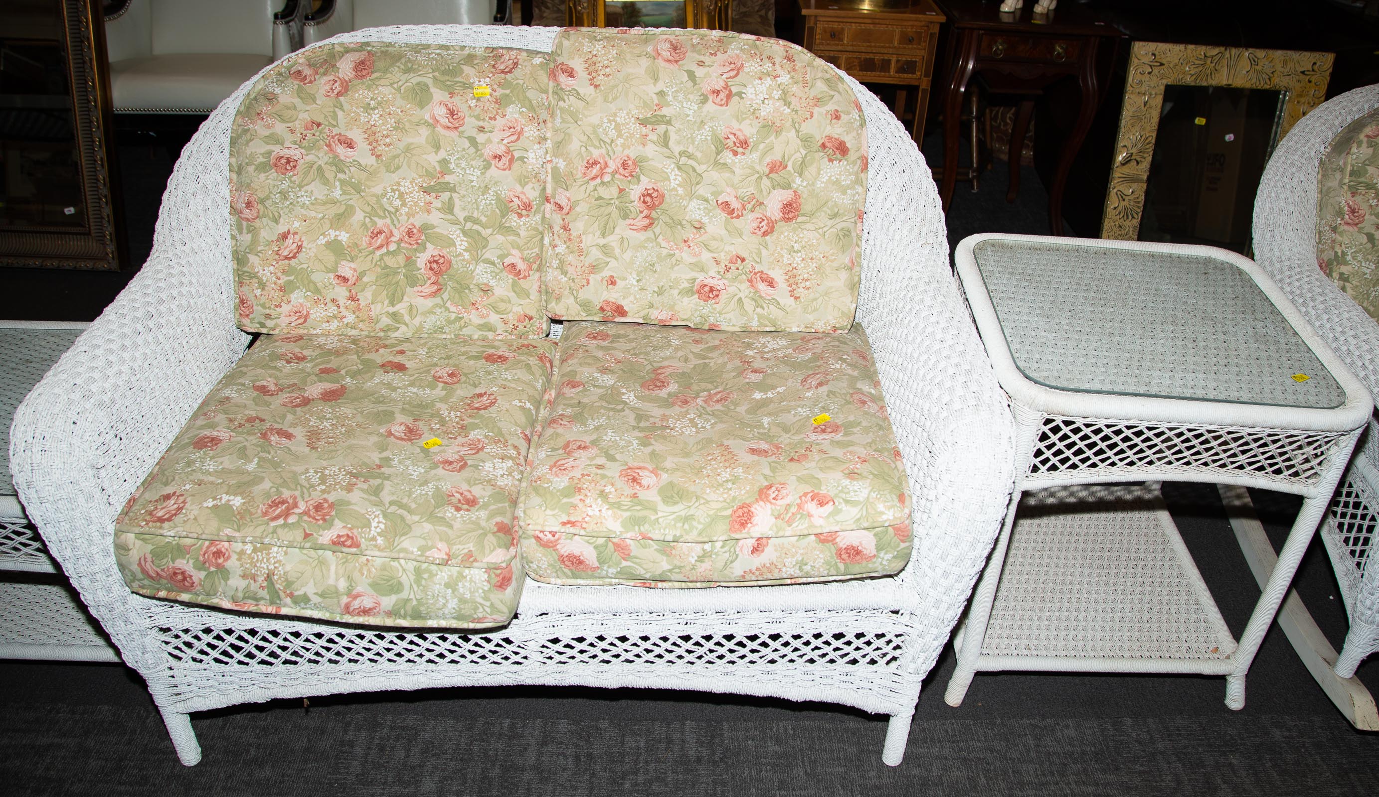 Appraisal: FOUR PIECE ROPE WICKER PATIO SET Comprising love seat and