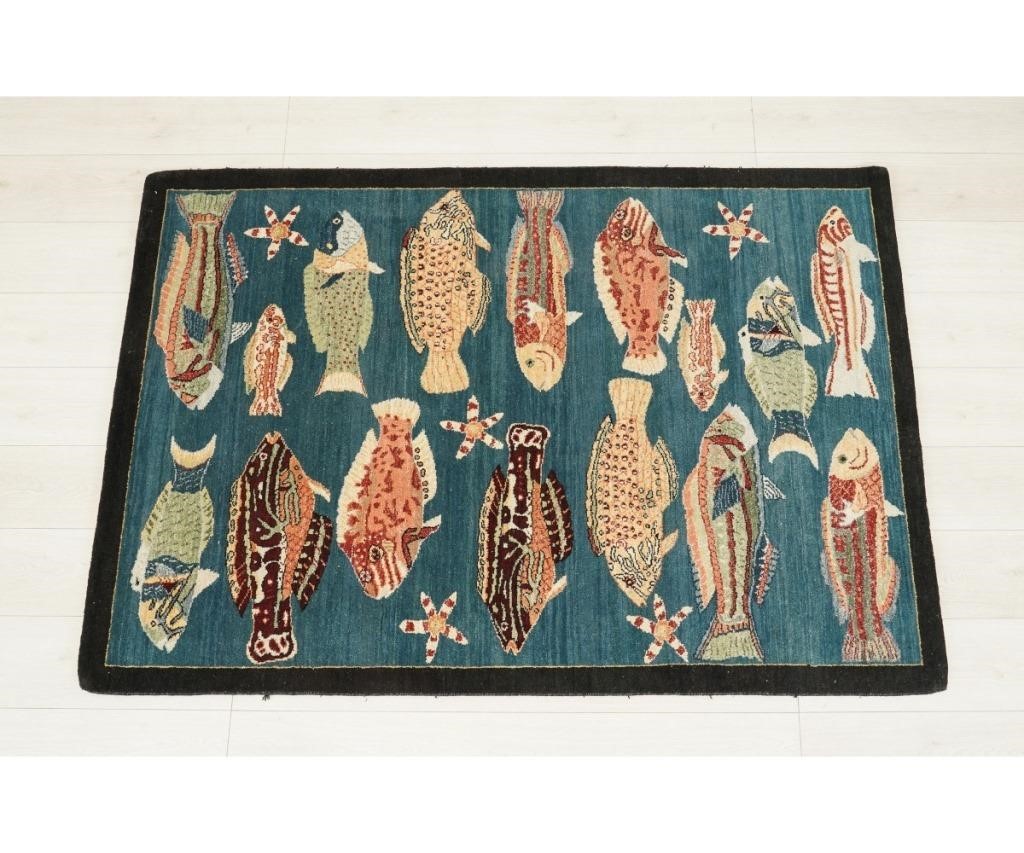 Appraisal: New Indian handspun wool center hall carpet with colorful fish