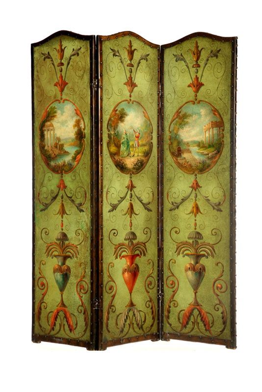 Appraisal: DECORATED FOLDING SCREEN European late th century Leatherized canvas with