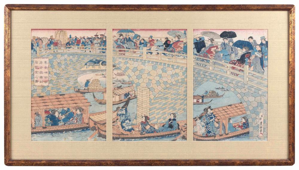 Appraisal: UTAGAWA TOYOKUNI III JAPAN - TRIPTYCH DEPICTING LADIES IN RIVER