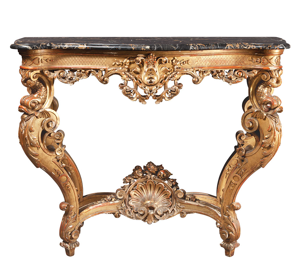 Appraisal: Louis XV Style Gilt-Wood Console The serpentine-shaped Portor marble top