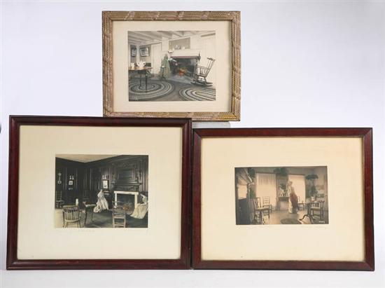 Appraisal: THREE FRAMED WALLACE NUTTING PRINTS All with women in parlor