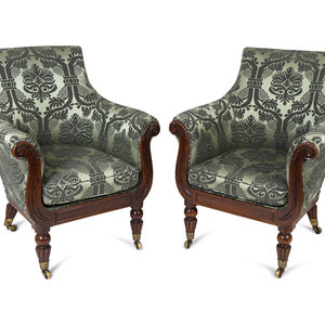 Appraisal: A Pair of Regency Faux Rosewood Upholstered Bergeres Attributed to