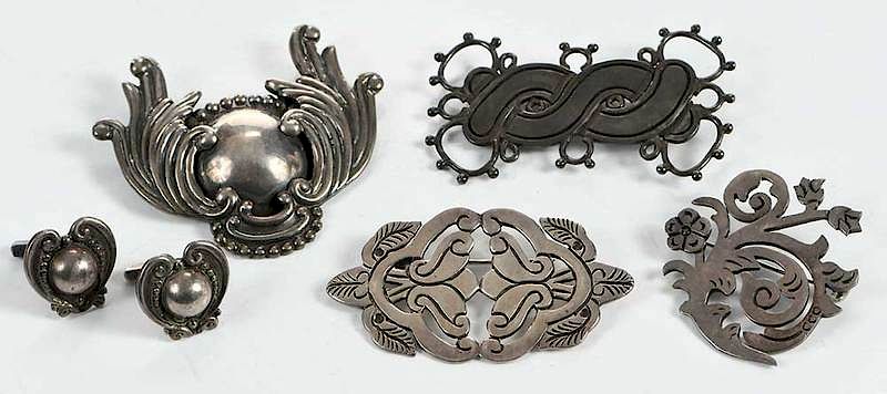 Appraisal: Five Pieces Sterling Jewelry four brooches assorted Taxco Mexico stamps