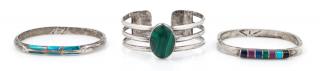 Appraisal: A Collection of Sterling Silver Malachite and Faux Gemstone Bracelets