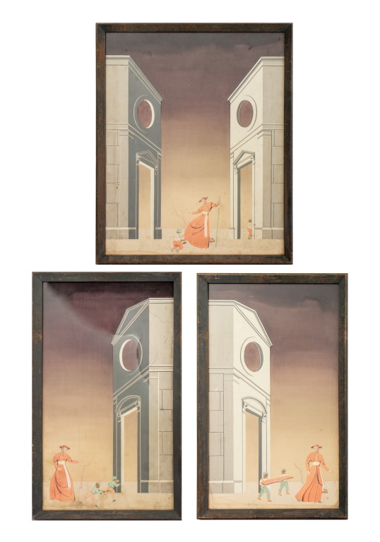 Appraisal: CHIRICO STYLE SURREALIST TRIPTYCH GOUACHE ON PAPER Surrealist triptych gouache