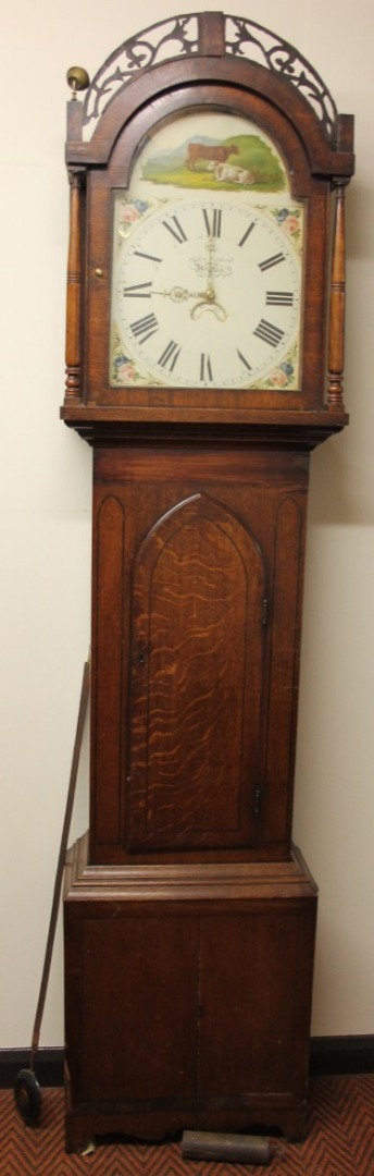 Appraisal: A thC oak and mahogany hour longcase clock the pierced