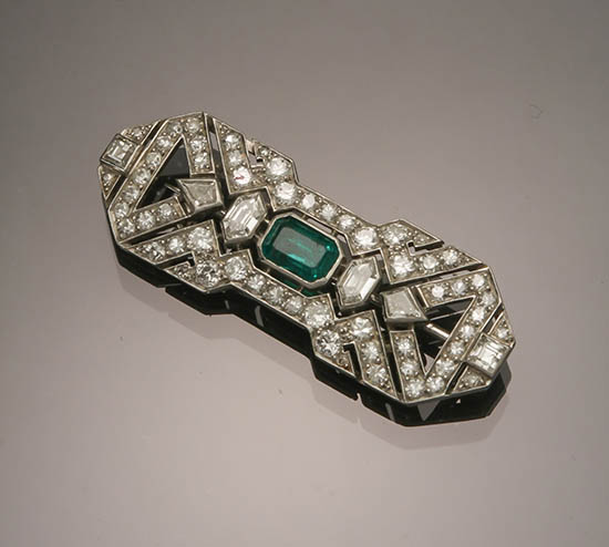 Appraisal: French Art Deco Platinum Emerald and Diamond Brooch Circa The