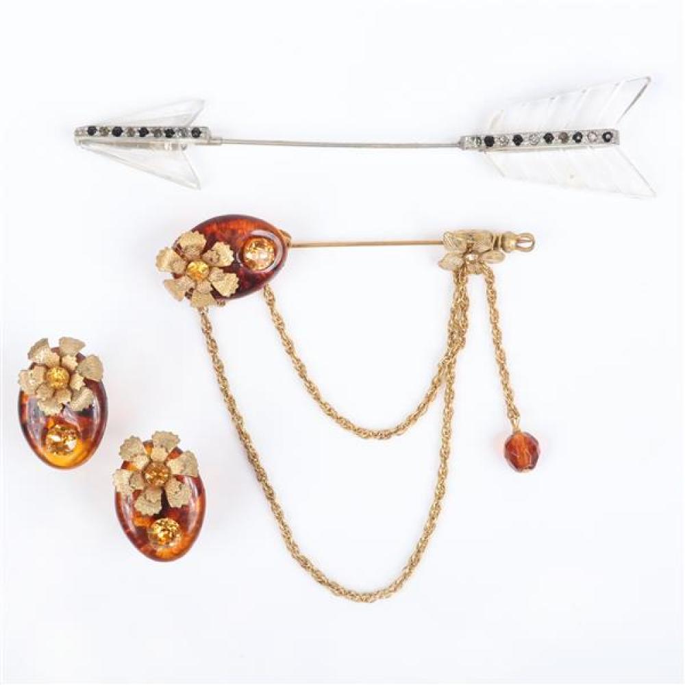 Appraisal: MIRIAM HASKELL FLOWER JABOT PIN WITH CITRINE CRYSTALS MATCHING EARRINGS