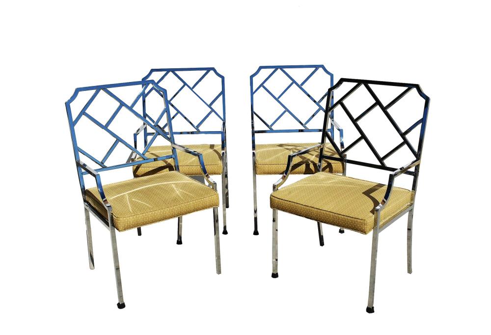 Appraisal: SET FOUR CHINESE CHIPPENDALE CHROME ARMCHAIRSModern Each with a Trellis