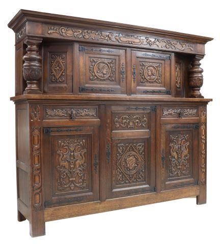 Appraisal: French Renaissance Revival oak court cupboard late th c molded