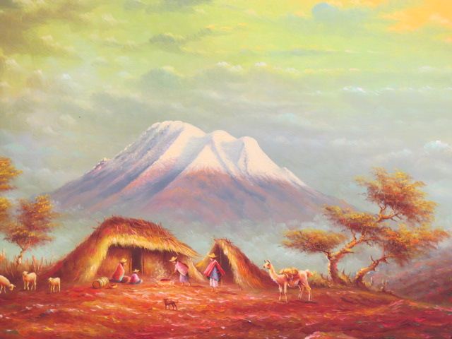 Appraisal: Oswaldo Moncayo oil landscape with llamas hut villagers Andes mountains