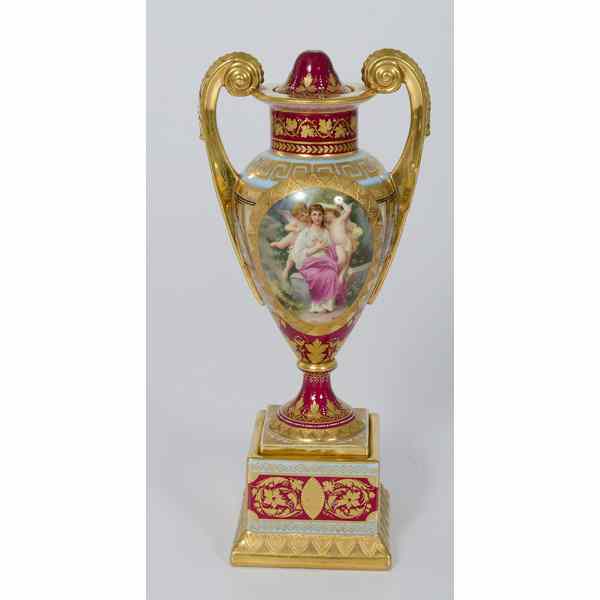 Appraisal: Viennese Porcelain Urn Viennese A polychrome and gilt porcelain lidded