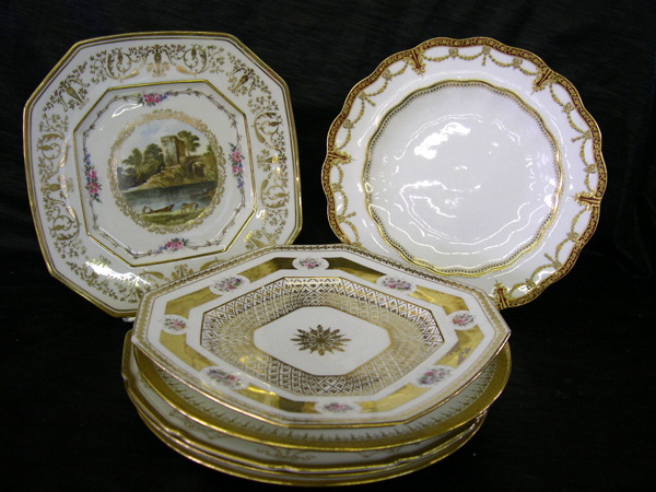 Appraisal: Group of Seven Gold-Trimmed Plates consisting of a square octagonal