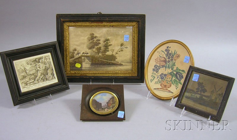 Appraisal: Five Small Framed Items a landscape print watercolor vase of