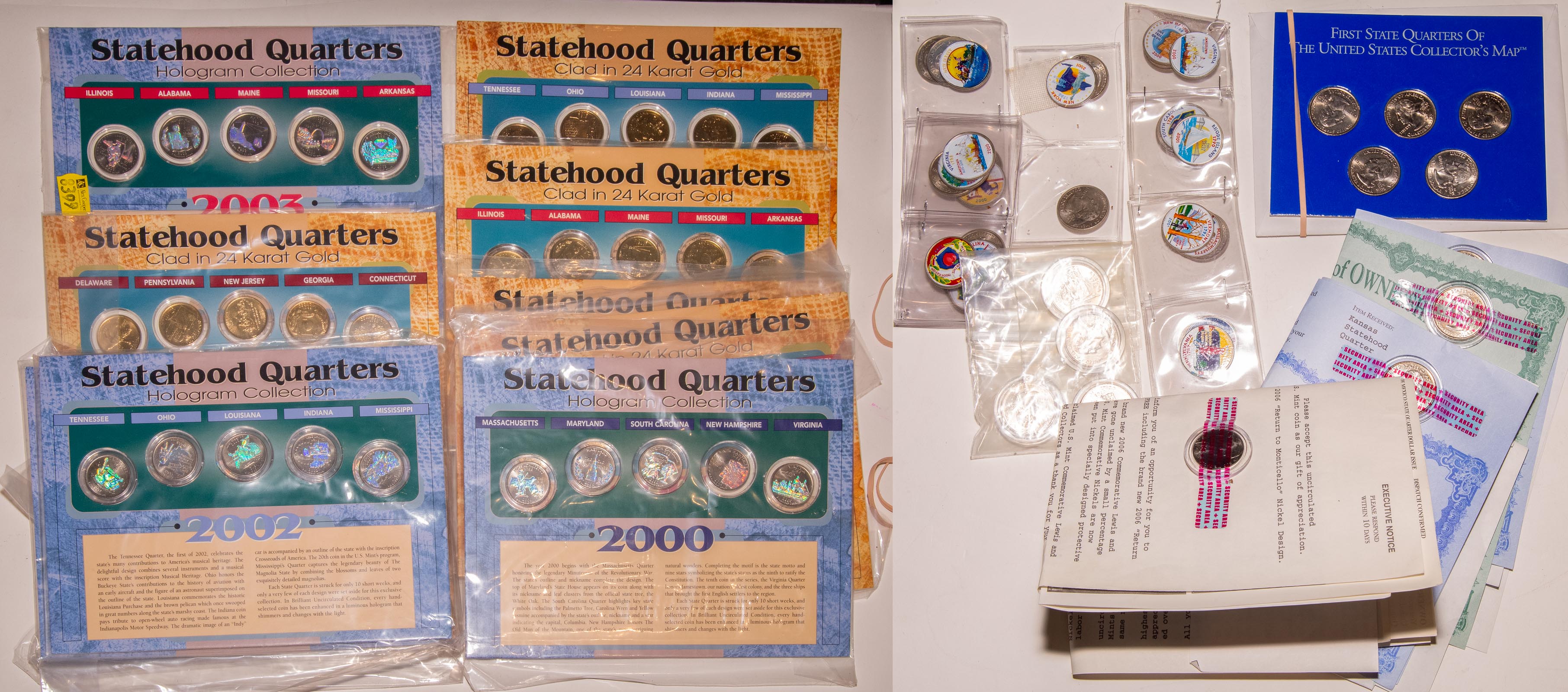 Appraisal: COLORIZED HOLOGRAM K GOLD PLATED QUARTERS Various Statehood Quarters -