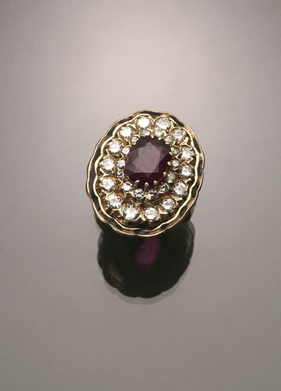 Appraisal: -Karat Yellow-Gold Ruby Diamond and Black Enamel Ring Set with