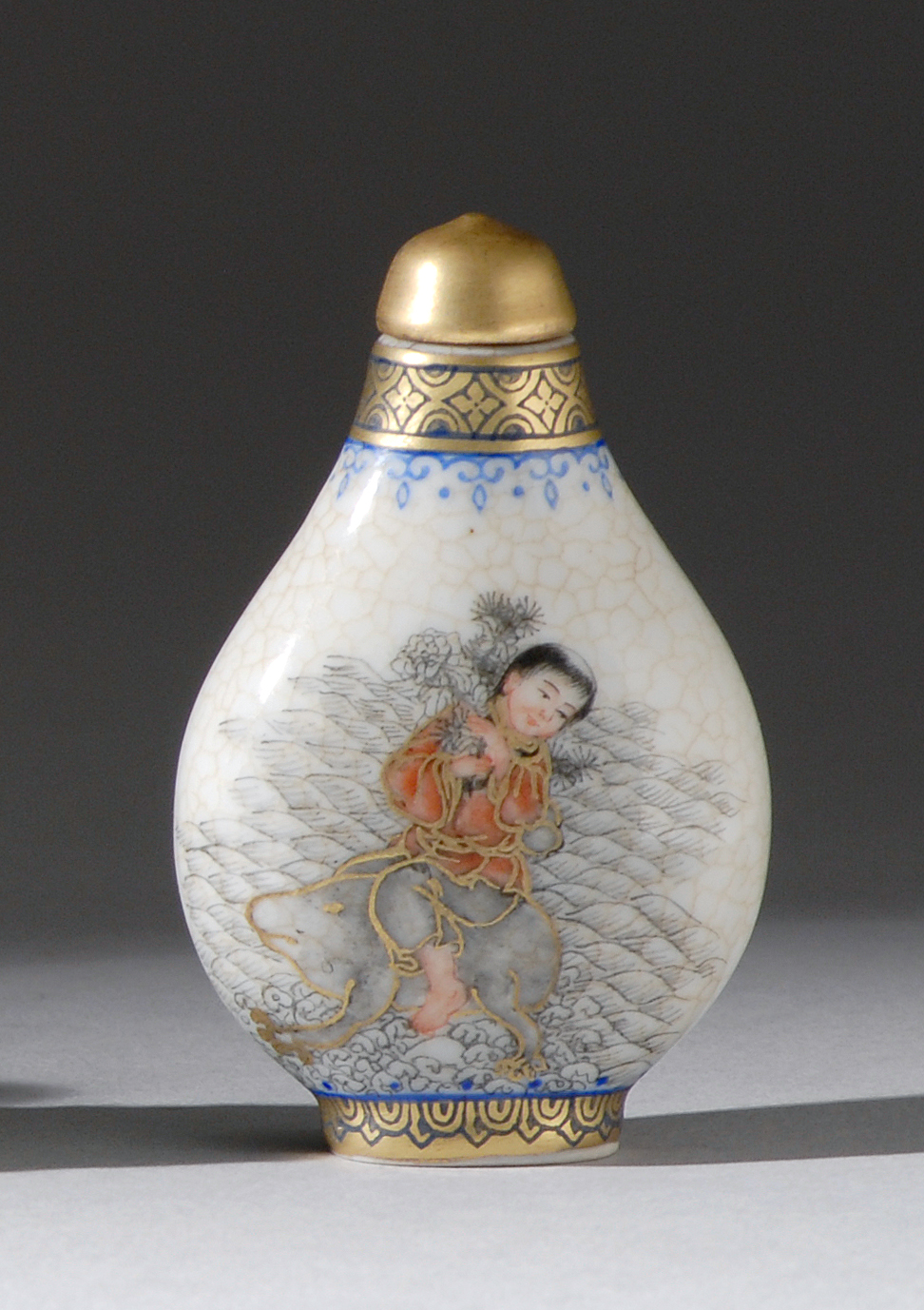 Appraisal: POLYCHROME PORCELAIN SNUFF BOTTLE th CenturyIn pear shape with decoration