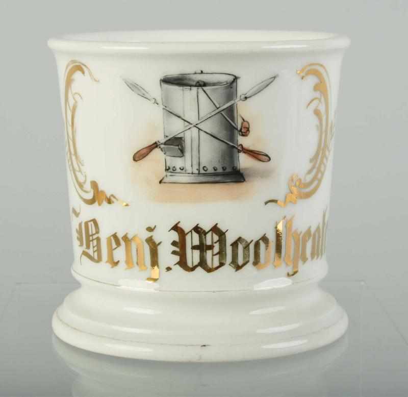 Appraisal: Tinsmith Shaving Mug Description Gilt name Benj Woolheater Shows crossed